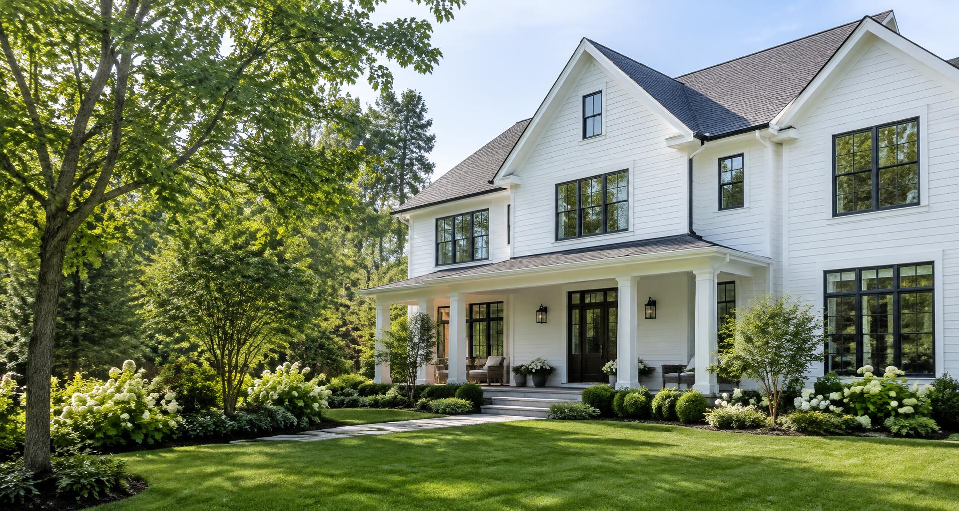 A bright white home with clean windows and a beautifully maintained exterior